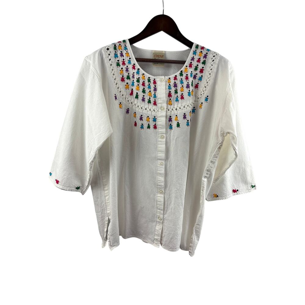 Women’s El Interior Large White w/ Multicolor Embroidery Button Up Blouse
